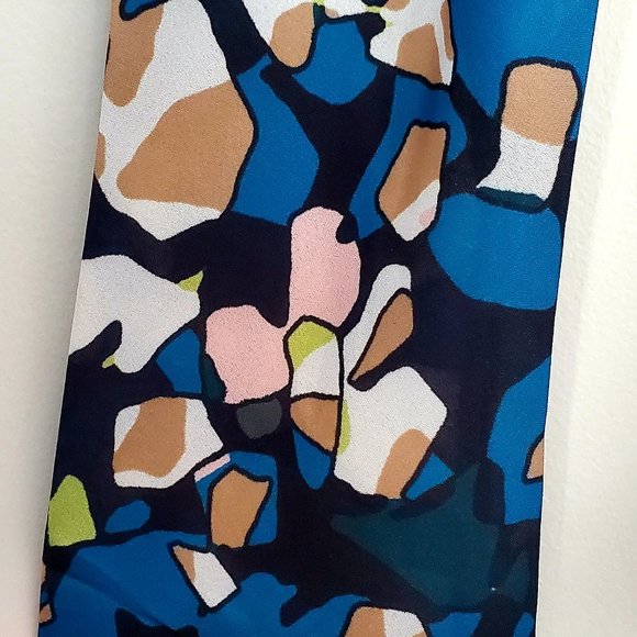 HALSTON Cowl Neck Blouse Teal Blue Black Neutral Colours Ditsy Geometric Print - Picture 2 of 4